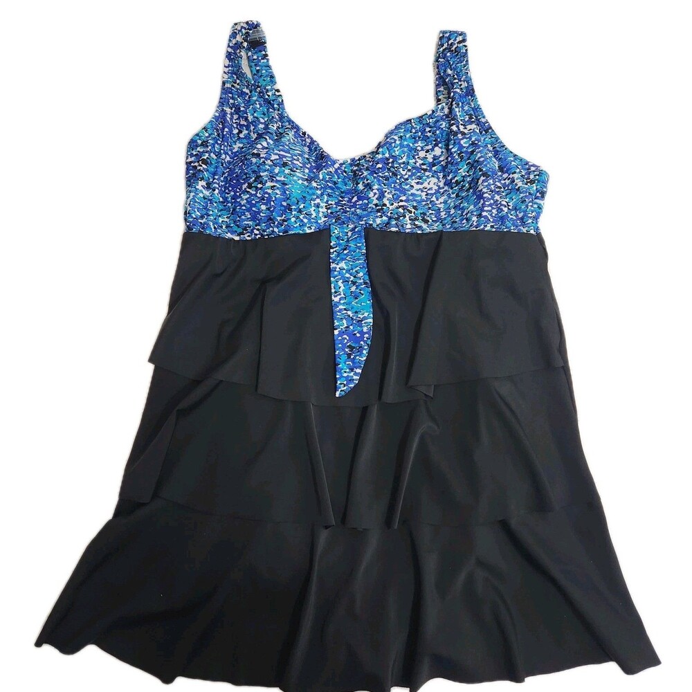 Avenue Womens SwimDress Bathing Suit 16W Blue Black Ruffle Padded Cups